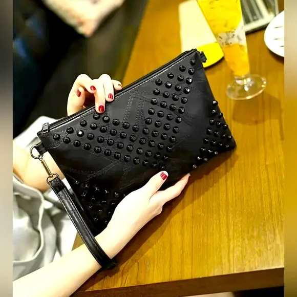 Black Rivet Grid Crossbody Shoulder Bag - Picture 1 of 5